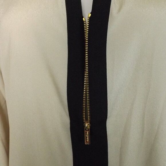 CALVIN KLEIN Blouse, L, Champagne/Black, Long Tab Sleeves, Zipper Neck - Picture 7 of 14